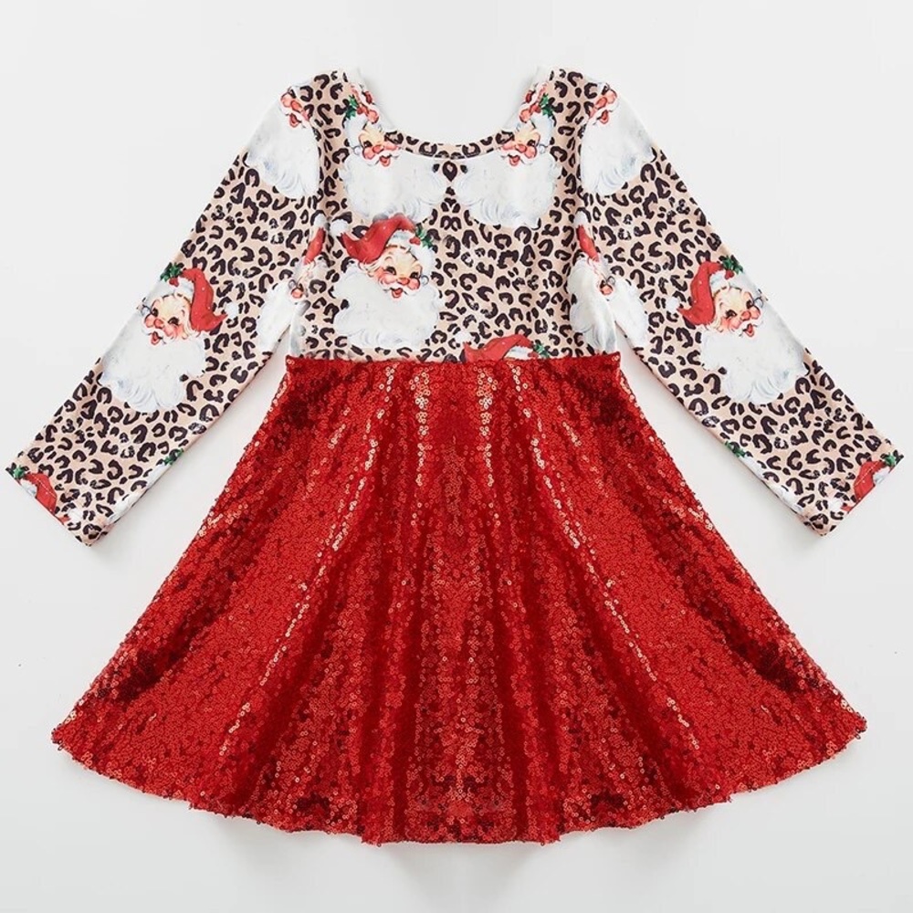 Santa Leopard Print Red Sequin Christmas Long Sleeve Toddler Girl Dress-2T,3T,5T